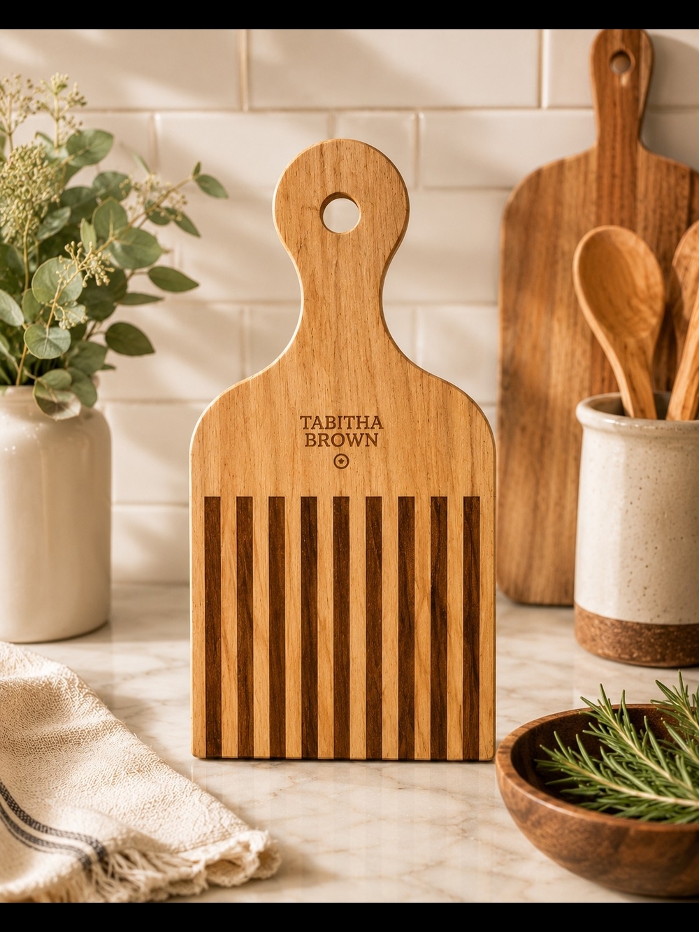 Tabitha Brown Afro Pick Striped Wood Cutting & Serving Board